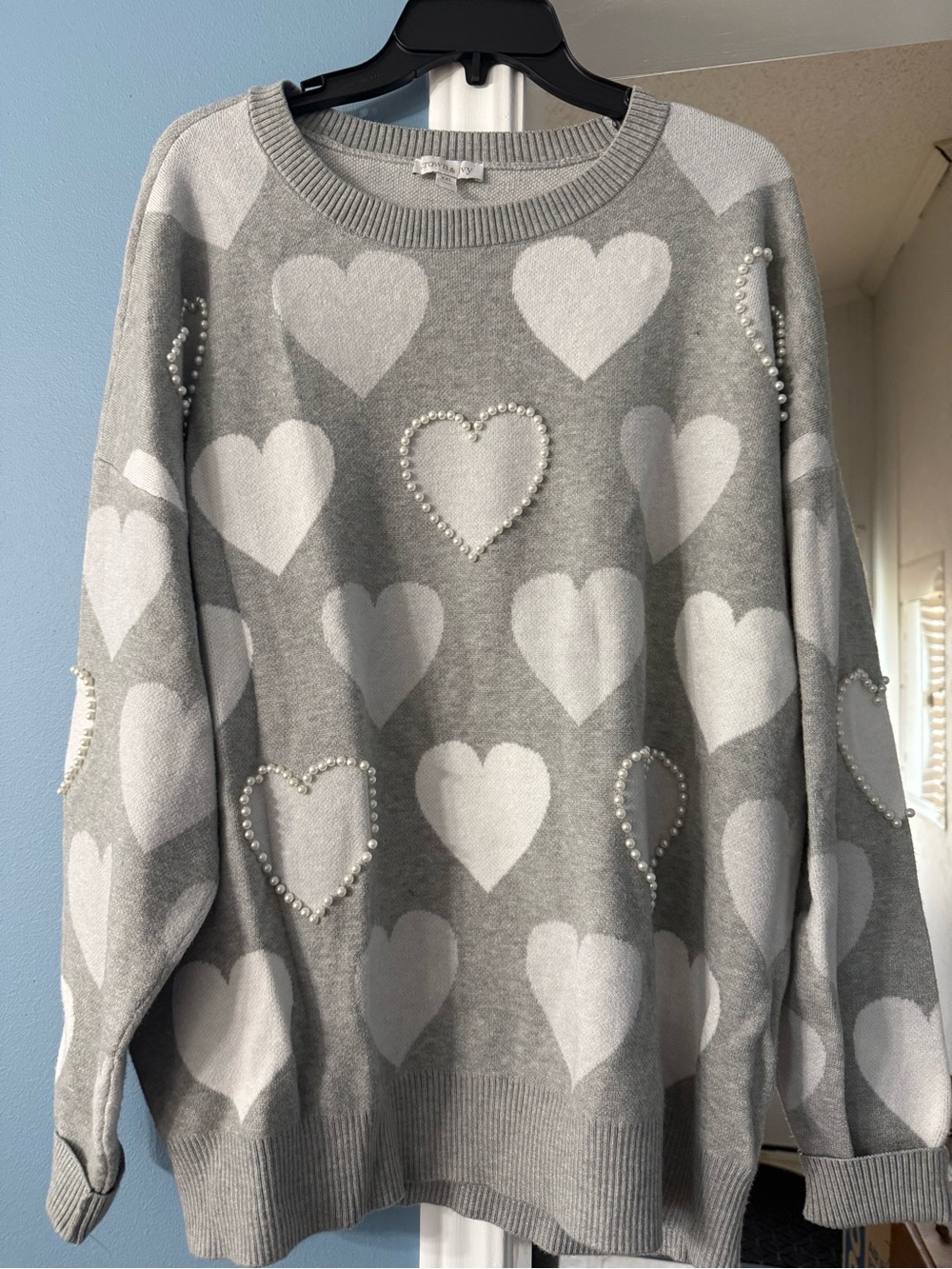 crown & ivy Gray Sweater with White Heart and Pearl Accents